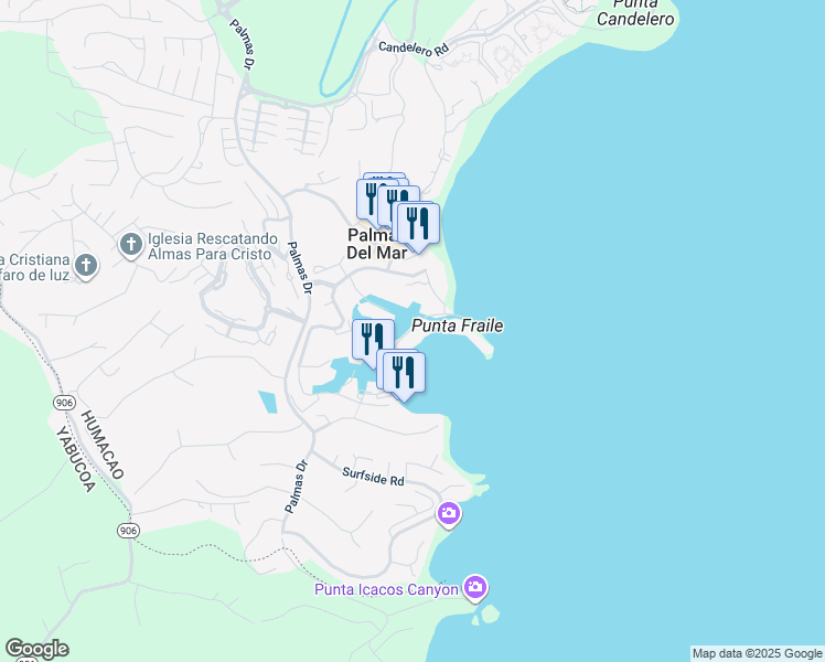 map of restaurants, bars, coffee shops, grocery stores, and more near Harbour Drive in Humacao