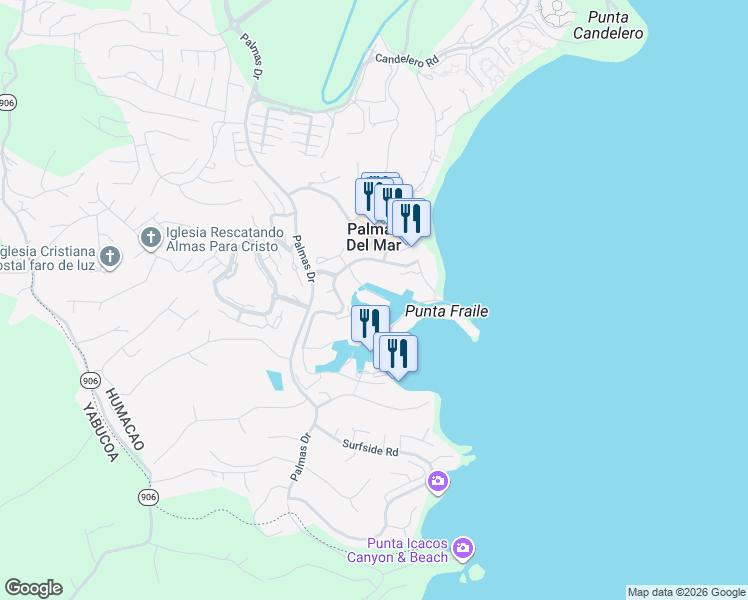 map of restaurants, bars, coffee shops, grocery stores, and more near Harbour Dr in Humacao