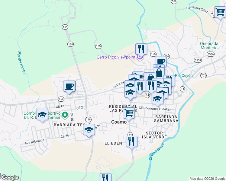 map of restaurants, bars, coffee shops, grocery stores, and more near 42 Callej�n Santa Catalina in Coamo