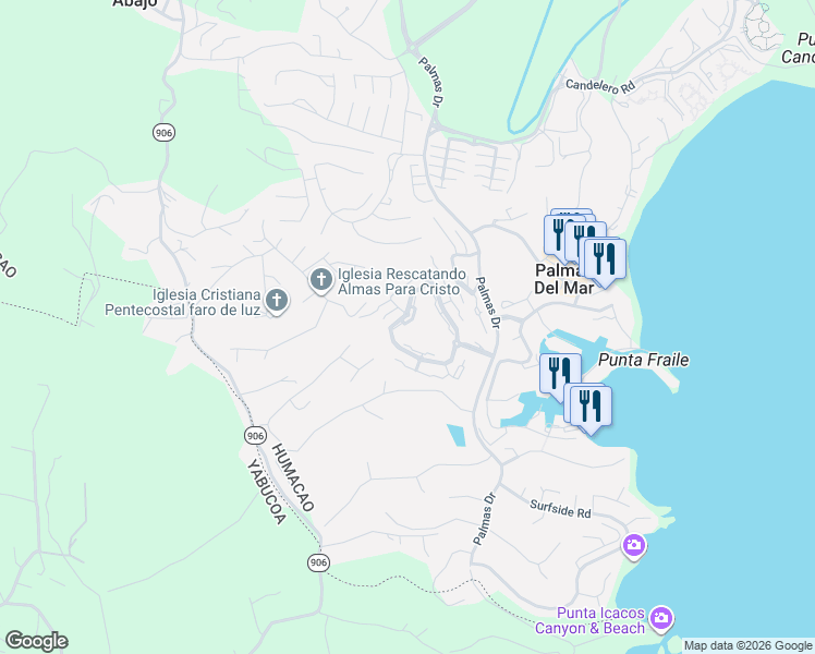 map of restaurants, bars, coffee shops, grocery stores, and more near Unnamed Road in Candelero Abajo