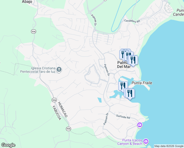 map of restaurants, bars, coffee shops, grocery stores, and more near Unnamed Road in Candelero Abajo