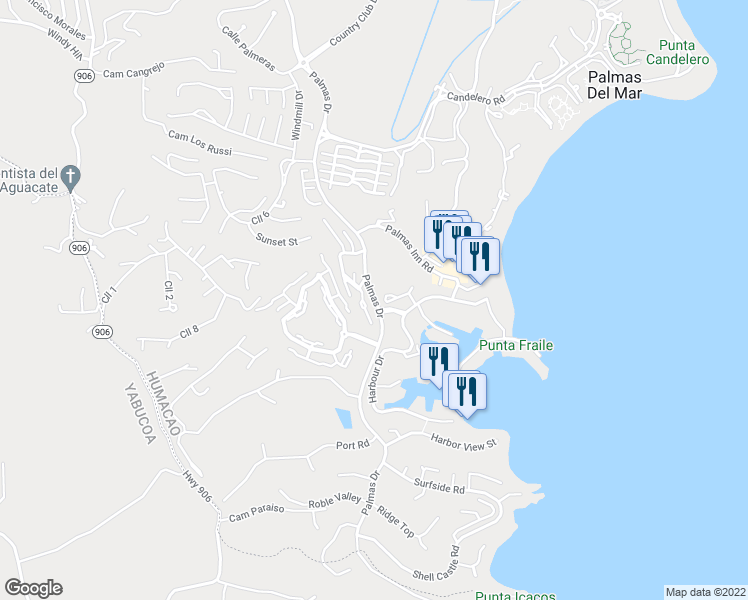 map of restaurants, bars, coffee shops, grocery stores, and more near Palmas Drives in Humacao