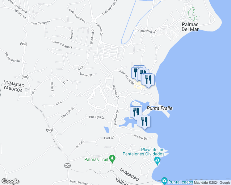 map of restaurants, bars, coffee shops, grocery stores, and more near Palmas Drives in Humacao
