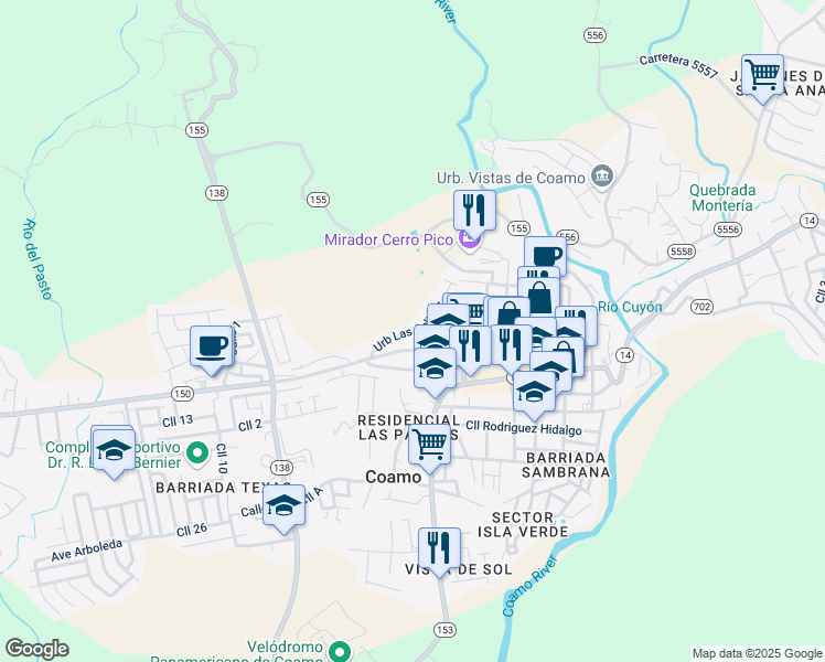 map of restaurants, bars, coffee shops, grocery stores, and more near Urb Las Colinas in Coamo