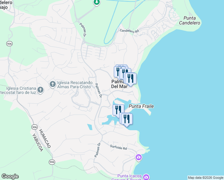 map of restaurants, bars, coffee shops, grocery stores, and more near in Palmas del Mar