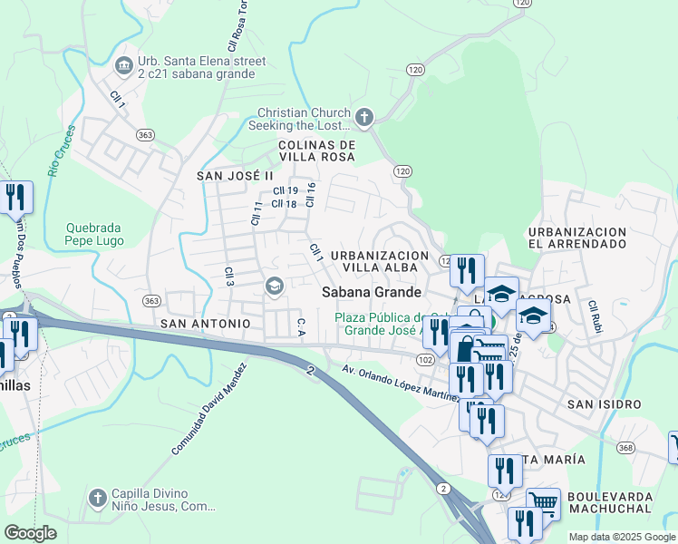 map of restaurants, bars, coffee shops, grocery stores, and more near Calle 2 in Sabana Grande