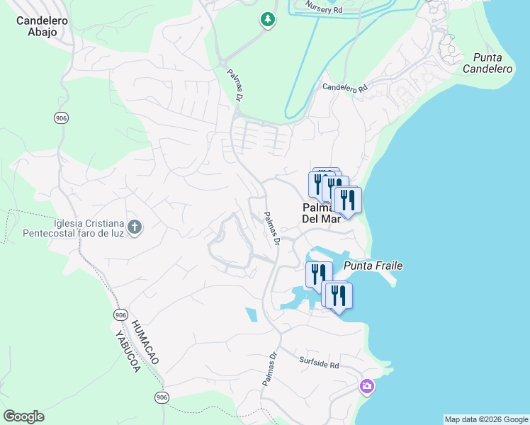 map of restaurants, bars, coffee shops, grocery stores, and more near Palmas Drives in Humacao