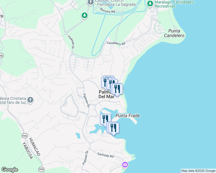 map of restaurants, bars, coffee shops, grocery stores, and more near Calle Monte Carlo in Humacao