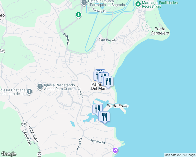 map of restaurants, bars, coffee shops, grocery stores, and more near Calle Monte Carlo in Humacao