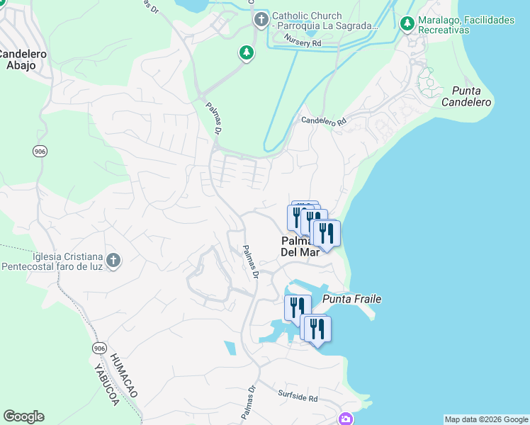map of restaurants, bars, coffee shops, grocery stores, and more near in Candelero Abajo