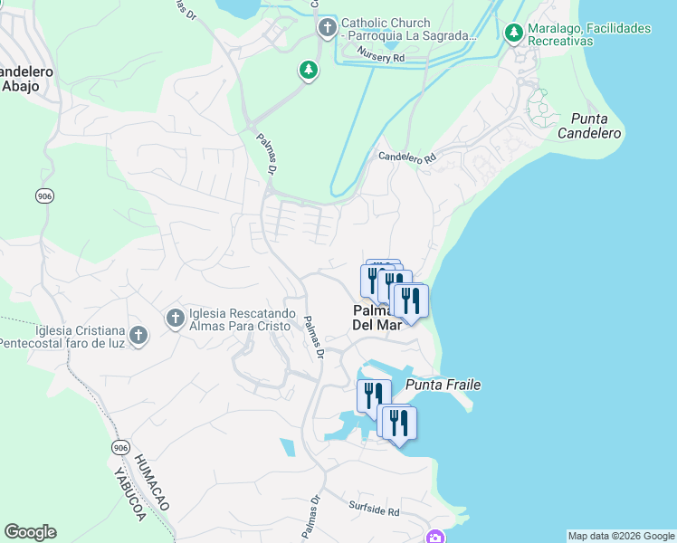 map of restaurants, bars, coffee shops, grocery stores, and more near Palmas Inn Rd in Humacao