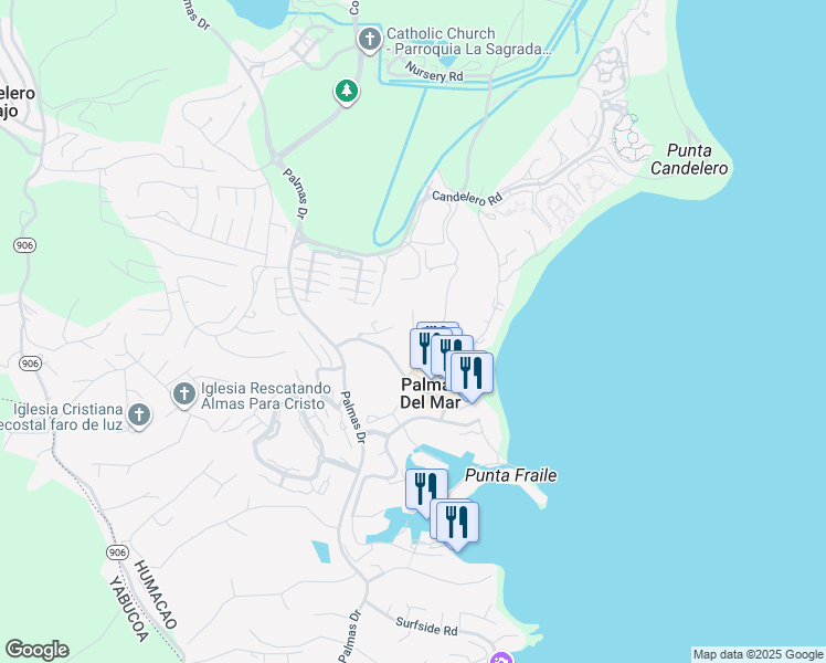 map of restaurants, bars, coffee shops, grocery stores, and more near Calle Monte Carlo in Humacao