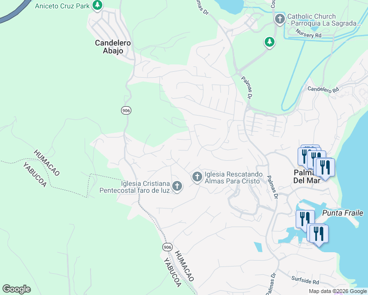map of restaurants, bars, coffee shops, grocery stores, and more near Calle 6 in Humacao