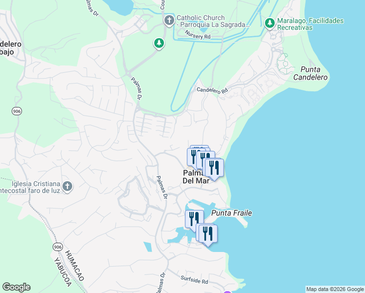 map of restaurants, bars, coffee shops, grocery stores, and more near Calle Monte Carlo in Humacao