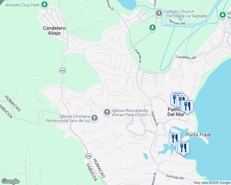 map of restaurants, bars, coffee shops, grocery stores, and more near Twilight Street in Humacao