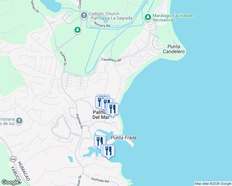 map of restaurants, bars, coffee shops, grocery stores, and more near Beach Village in Humacao