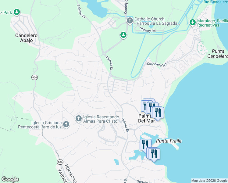map of restaurants, bars, coffee shops, grocery stores, and more near Palmas Drives in Humacao