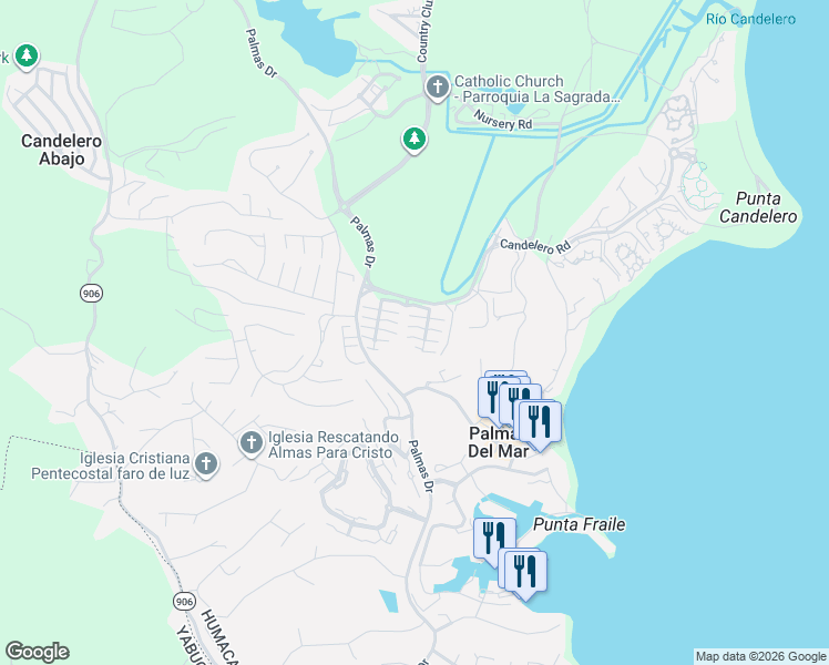 map of restaurants, bars, coffee shops, grocery stores, and more near Candelero Rd in Humacao
