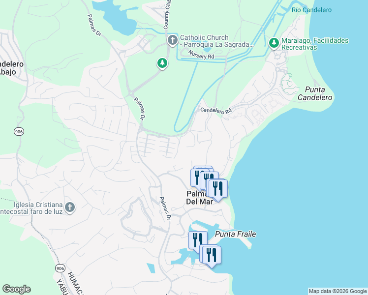 map of restaurants, bars, coffee shops, grocery stores, and more near Montesol Dr in Humacao