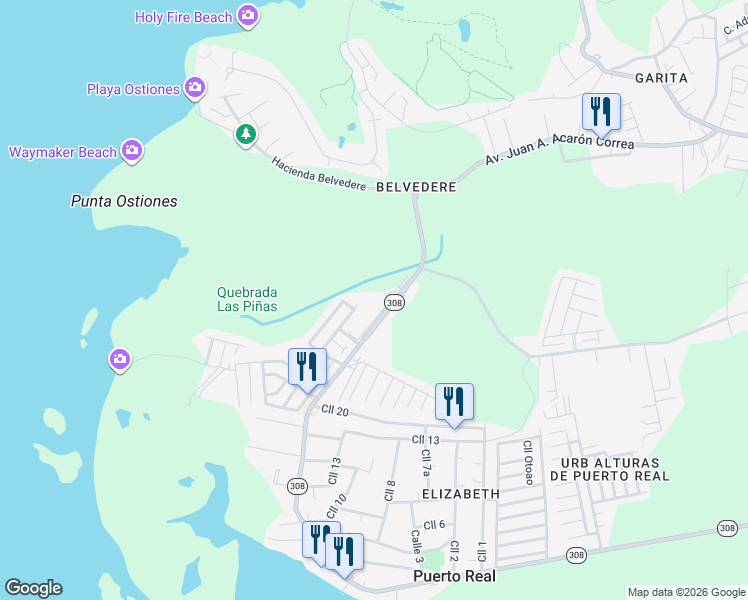 map of restaurants, bars, coffee shops, grocery stores, and more near Puerto Rico 308 in Cabo Rojo