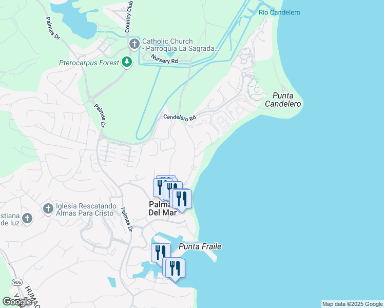 map of restaurants, bars, coffee shops, grocery stores, and more near Beach Village in Humacao