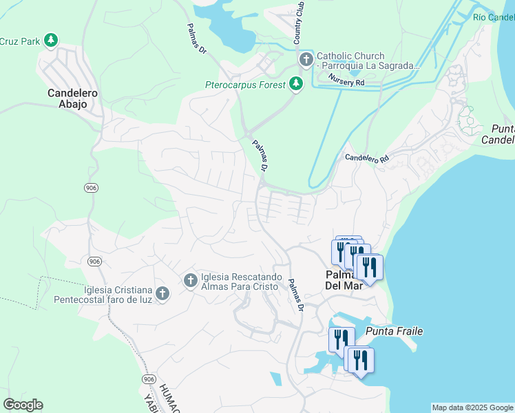 map of restaurants, bars, coffee shops, grocery stores, and more near in Candelero Abajo