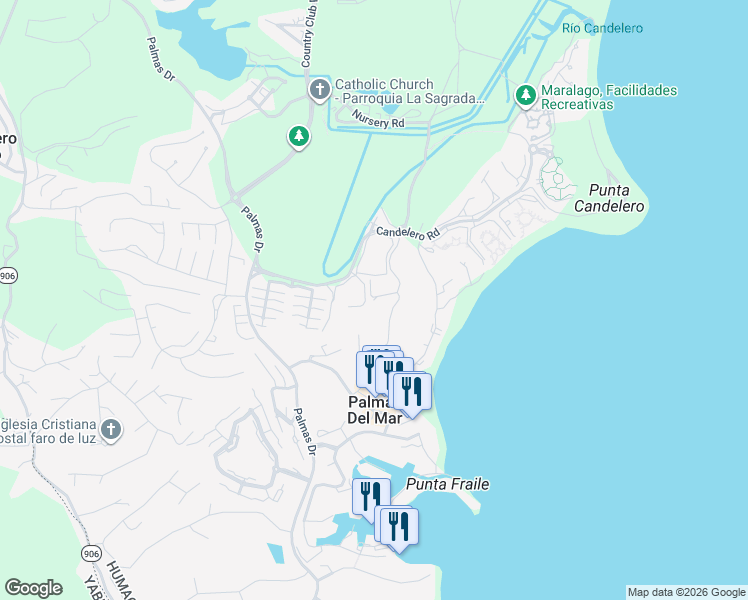 map of restaurants, bars, coffee shops, grocery stores, and more near Montesol Drive in Humacao