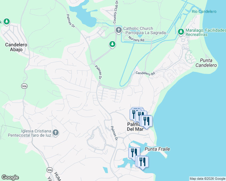 map of restaurants, bars, coffee shops, grocery stores, and more near Candelero Rd in Humacao