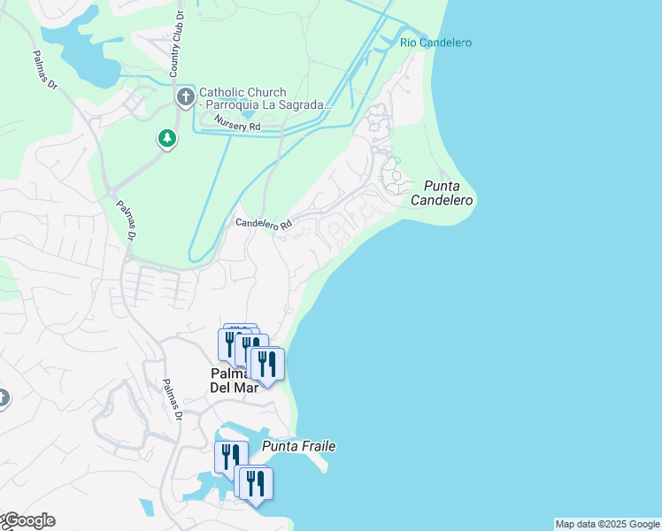 map of restaurants, bars, coffee shops, grocery stores, and more near 170 Candelero Drive in Humacao