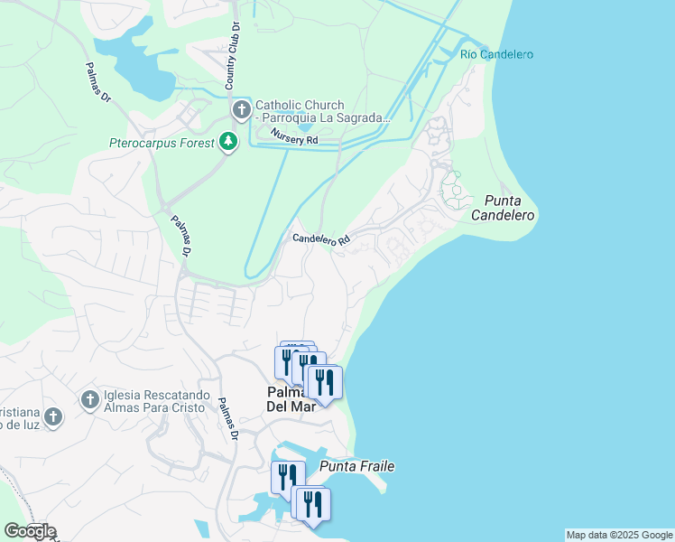 map of restaurants, bars, coffee shops, grocery stores, and more near Beach Village in Humacao