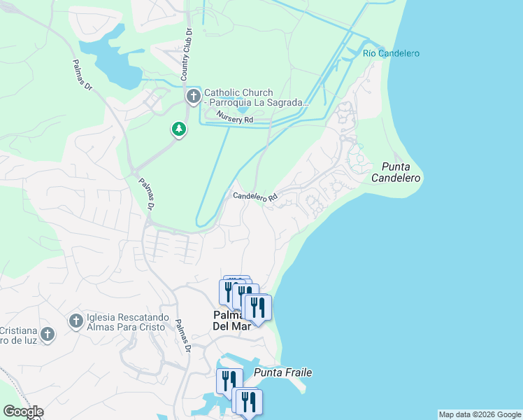 map of restaurants, bars, coffee shops, grocery stores, and more near Beach Village in Humacao