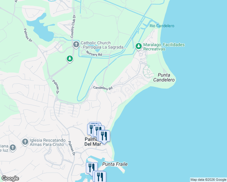 map of restaurants, bars, coffee shops, grocery stores, and more near Candelero Rd in Humacao
