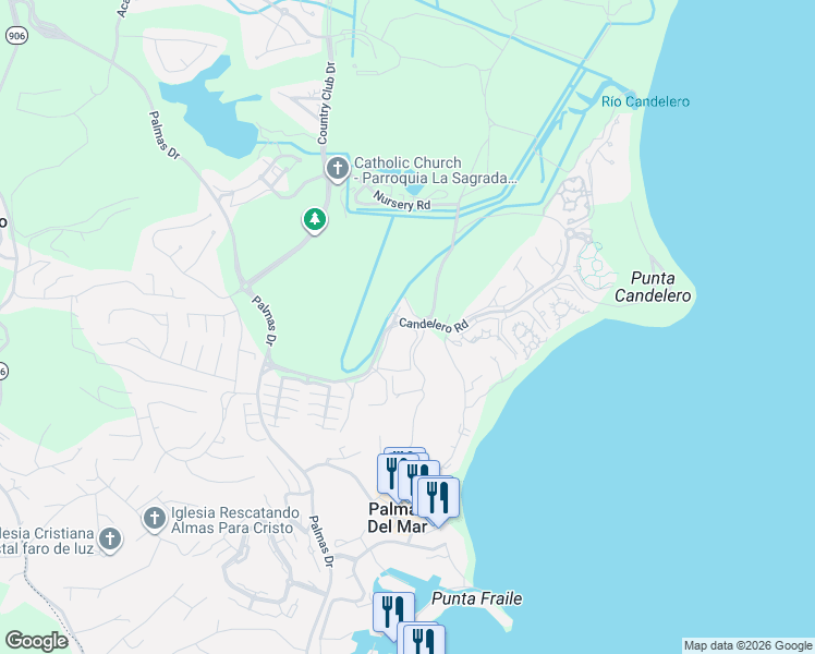 map of restaurants, bars, coffee shops, grocery stores, and more near Candelero Rd in Humacao