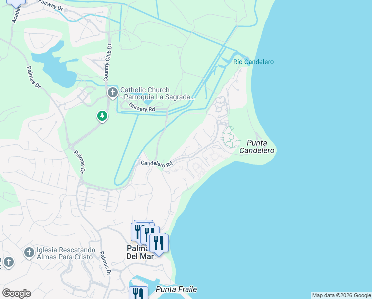 map of restaurants, bars, coffee shops, grocery stores, and more near Candelero Rd in Humacao