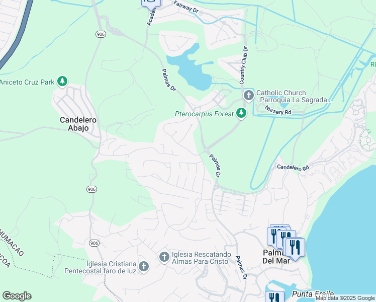 map of restaurants, bars, coffee shops, grocery stores, and more near Calle Palmeras in Humacao