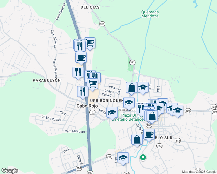 map of restaurants, bars, coffee shops, grocery stores, and more near Calle Rene Marquez in Cabo Rojo