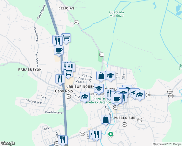 map of restaurants, bars, coffee shops, grocery stores, and more near Calle Rene Marquez in Cabo Rojo