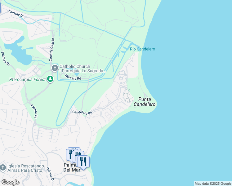 map of restaurants, bars, coffee shops, grocery stores, and more near Candelero Rd in Humacao