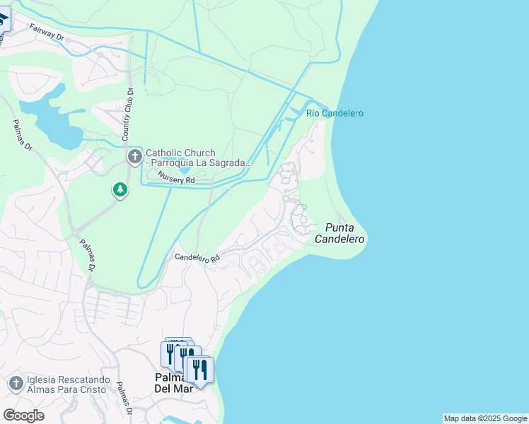 map of restaurants, bars, coffee shops, grocery stores, and more near Candelero Rd in Humacao