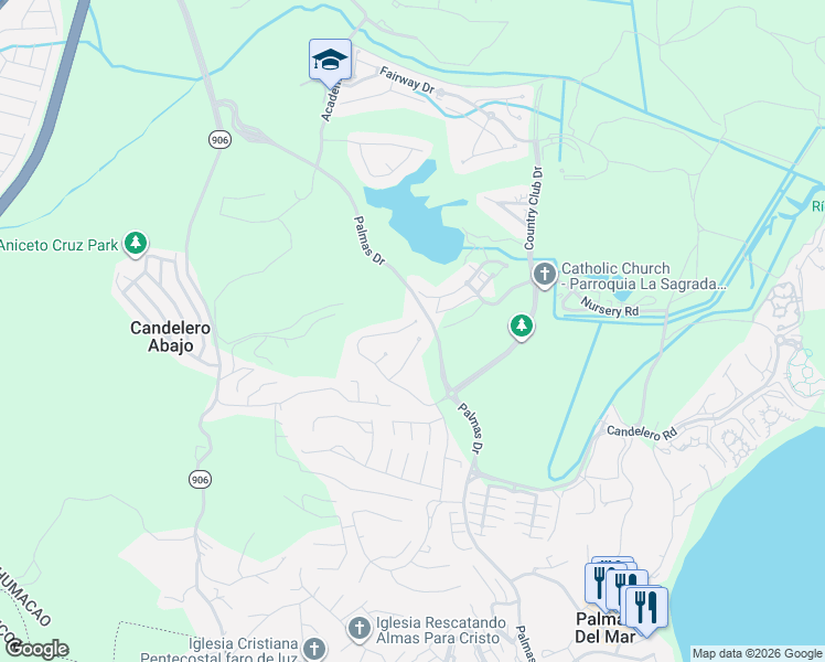 map of restaurants, bars, coffee shops, grocery stores, and more near Calle Playera in Humacao
