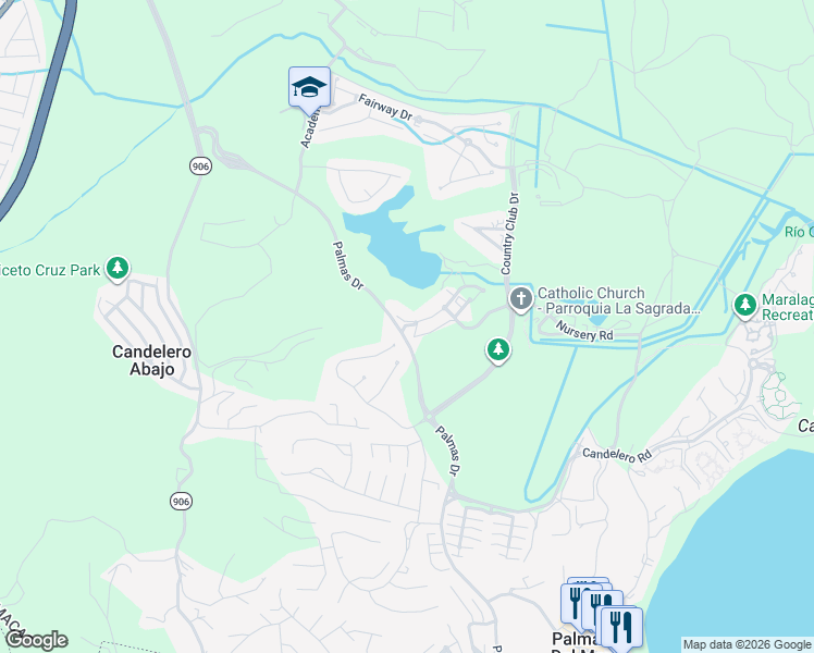 map of restaurants, bars, coffee shops, grocery stores, and more near Palmas Drives in Humacao