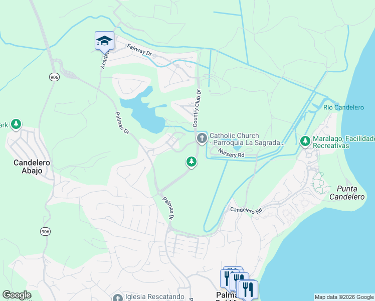 map of restaurants, bars, coffee shops, grocery stores, and more near Los Lagos Drive in Humacao