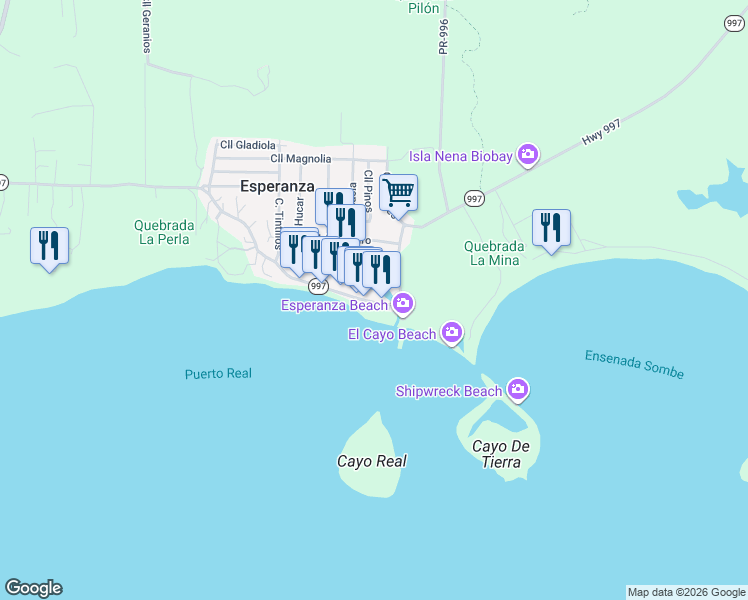 map of restaurants, bars, coffee shops, grocery stores, and more near 107 Calle Flamboyan in Vieques