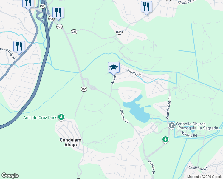 map of restaurants, bars, coffee shops, grocery stores, and more near Academy Drive in Humacao