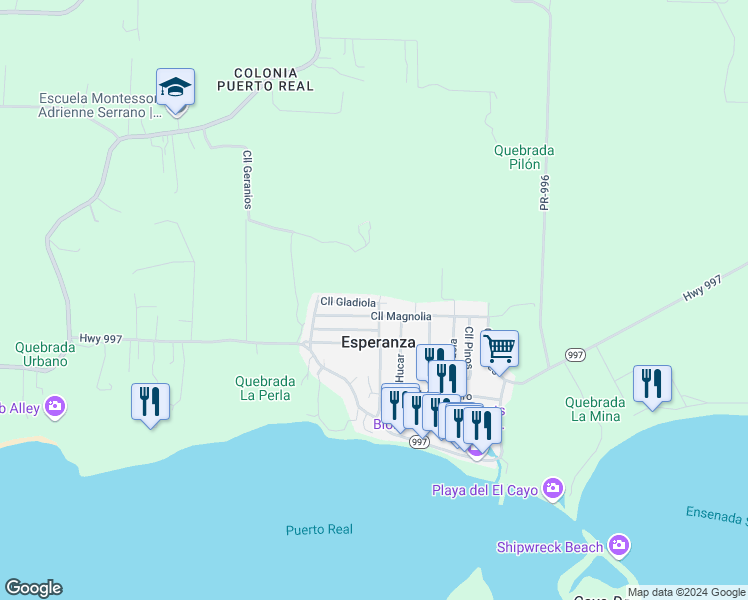 map of restaurants, bars, coffee shops, grocery stores, and more near 386 Calle Gladiola in Vieques