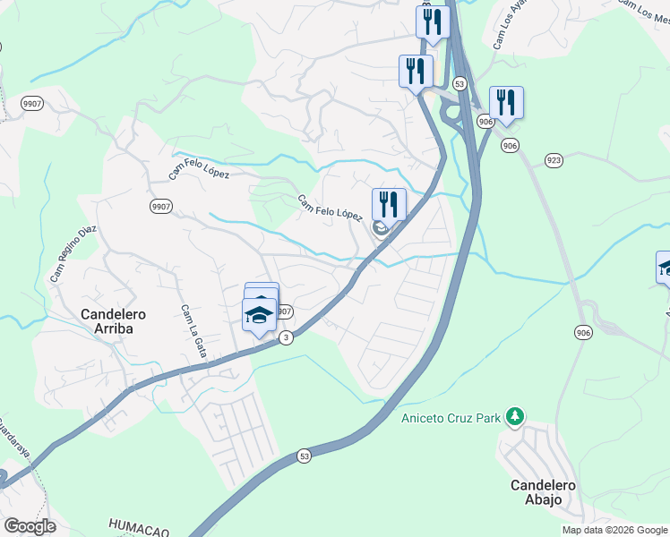 map of restaurants, bars, coffee shops, grocery stores, and more near Calle 1 in Humacao