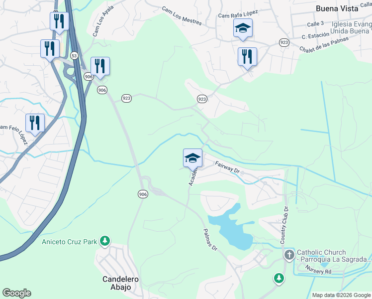map of restaurants, bars, coffee shops, grocery stores, and more near Academy Drive in Humacao
