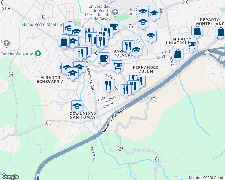 map of restaurants, bars, coffee shops, grocery stores, and more near 25 Calle A in Cayey
