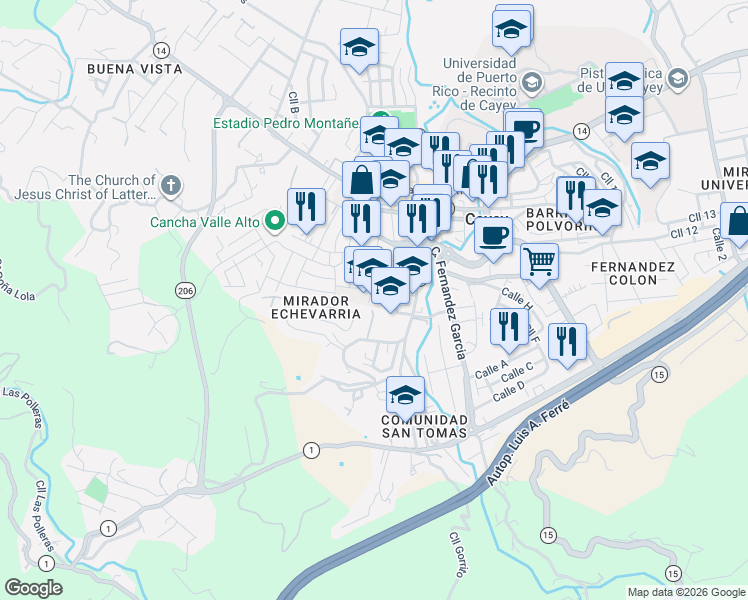 map of restaurants, bars, coffee shops, grocery stores, and more near Calle M Campos in Cayey