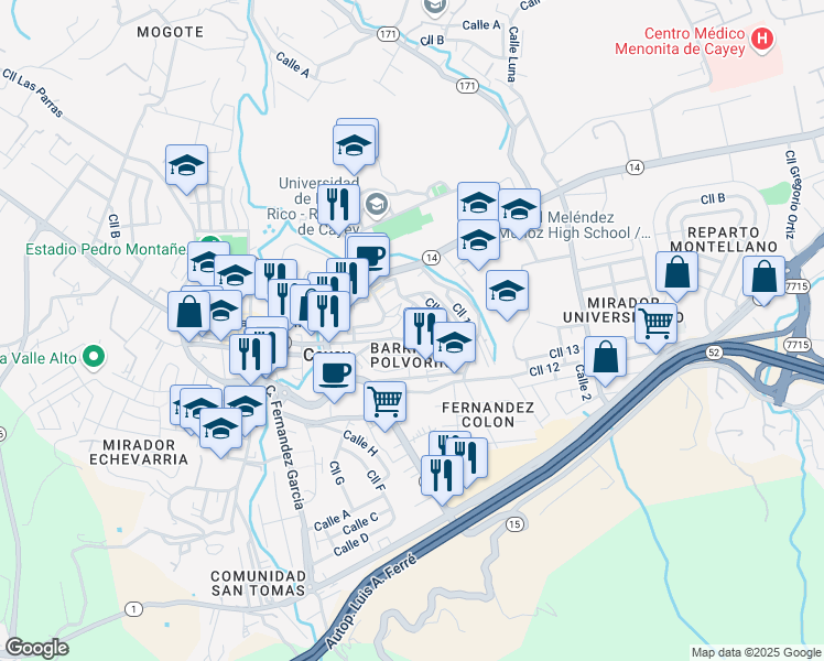 map of restaurants, bars, coffee shops, grocery stores, and more near 26 Calle Villa Cañona in Cayey